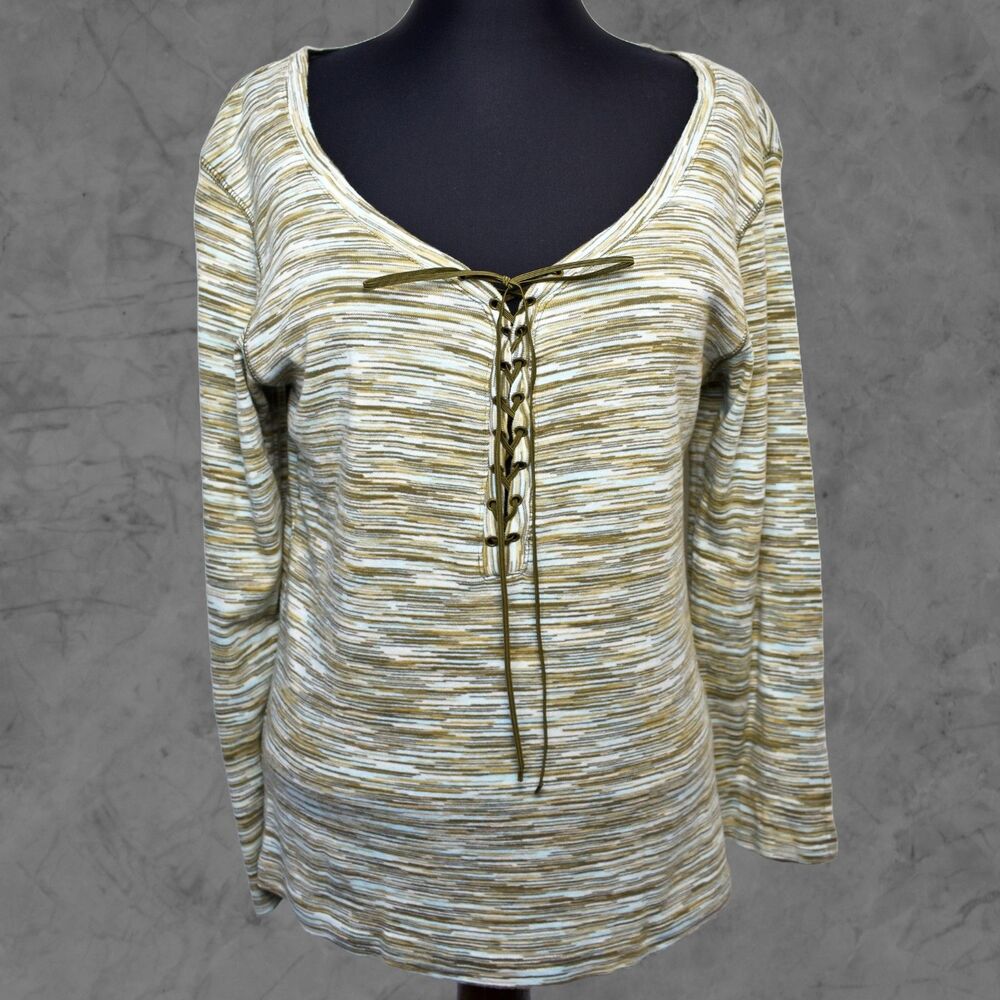 Nautica Scoop Neck Knit Top Women's L Lace-Up Striped Olive Green Lt Blue White